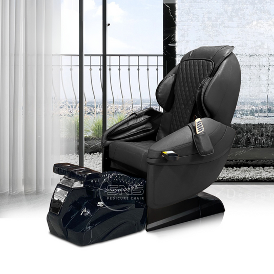 Translation missing: en.SNS Chairs Houston Product: modern black pedicure chair with foot spa and remote, salon setting