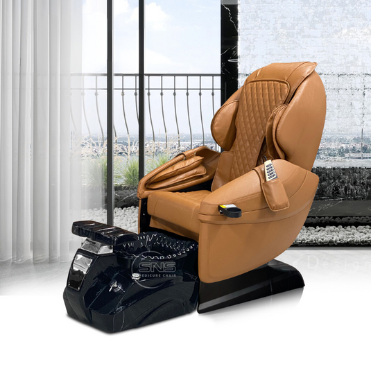 Translation missing: en.SNS Chairs Houston product, luxury brown leather pedicure chair with foot spa in modern salon setting